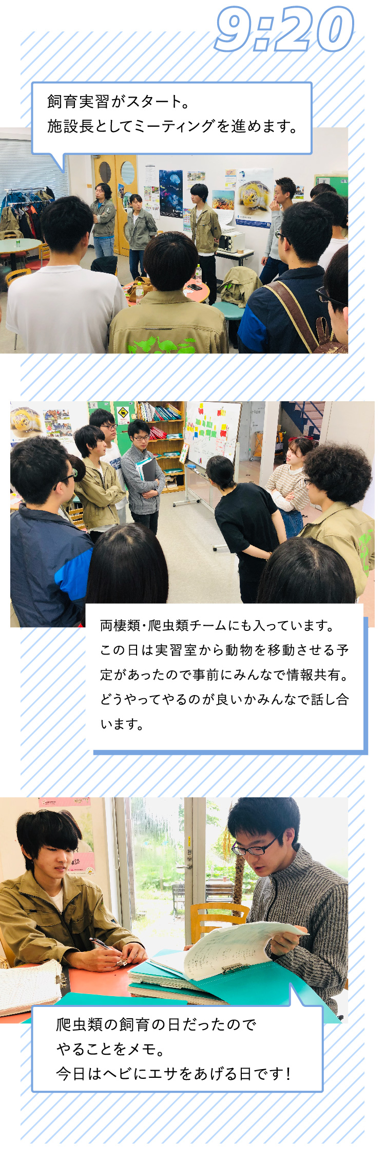 9:20 飼育実習がスタート。施設長としてミーティングを進めます。 両棲類･爬虫類チームにも入っています。この日は実習室から動物を移動させる予定があったので事前にみんなで情報共有。 どうやってやるのが良いかみんなで話し合います。 爬虫類の飼育の日だったのでやることをメモ。今日はヘビにエサをあげる日です！