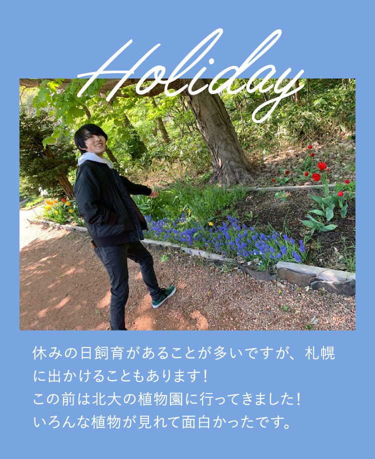 Holiday 休みの日飼育があることが多いですが、札幌に出かけることもあります！この前は北大の植物園に行ってきました！いろんな植物が見れて面白かったです。