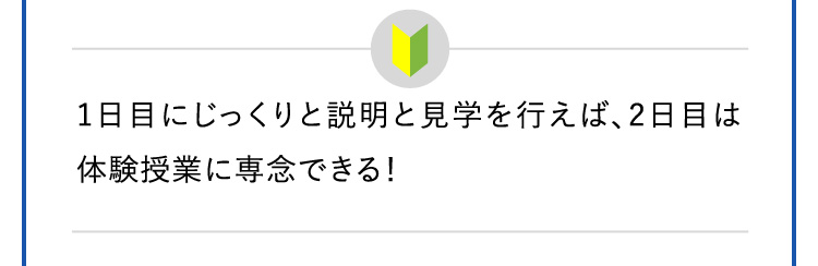 1日目にじっくりと説明と見学を行えば、2日目は体験授業に専念できる！