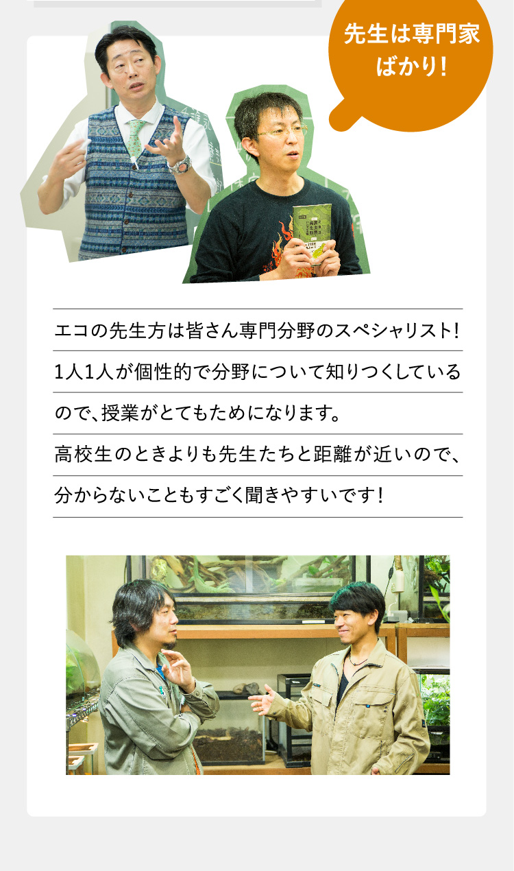 先生は専門家ばかり！エコの先生方は皆さん専門分野のスペシャリスト！1人1人が個性的で分野について知りつくしているので、授業がとてもためになります。高校生のときよりも先生たちと距離が近いので、分からないこともすごく聞きやすいです！