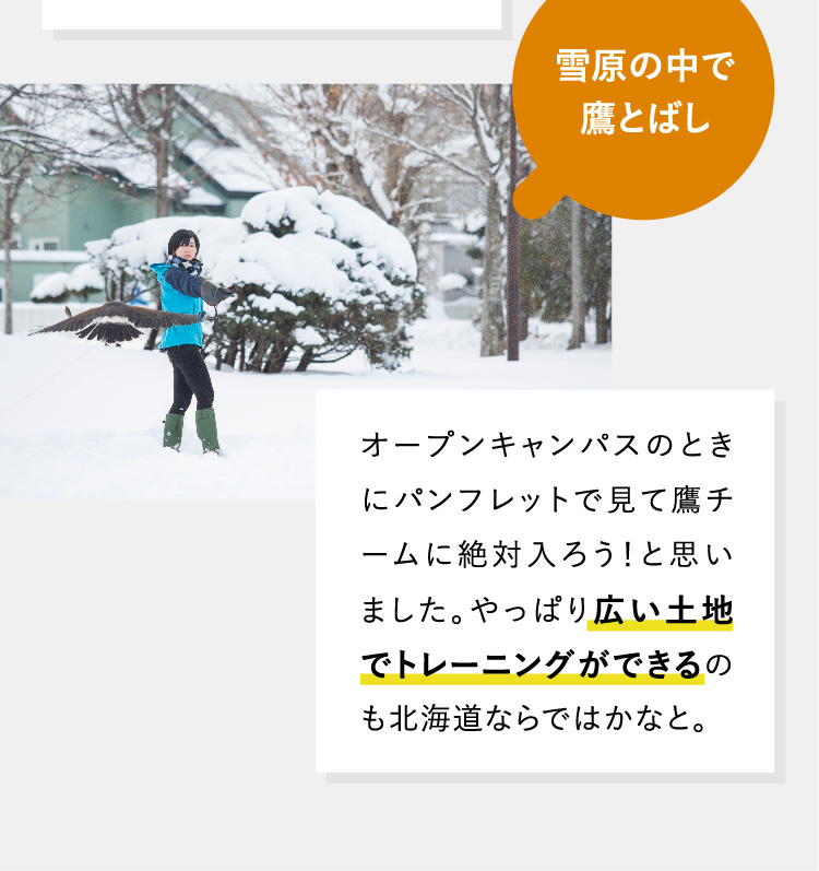 雪原の中で鷹とばし オープンキャンパスのときにパンフレットで見て鷹チームに絶対入ろう！と思いました。やっぱり広い土地でトレーニングができるのも北海道ならではかなと。