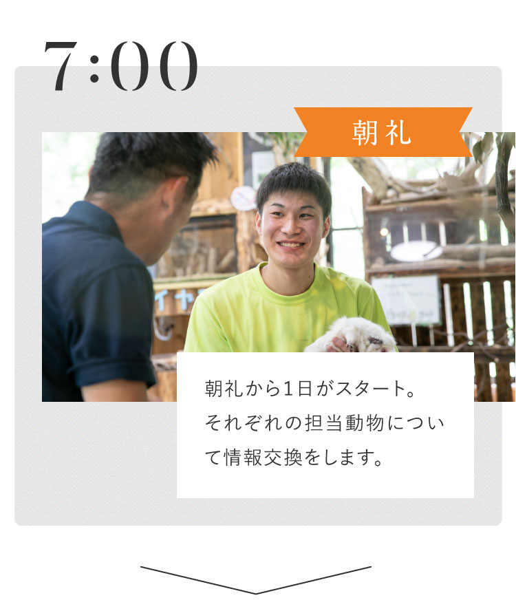 7:00 朝礼から１日がスタート。それぞれの担当動物について情報交換をします。