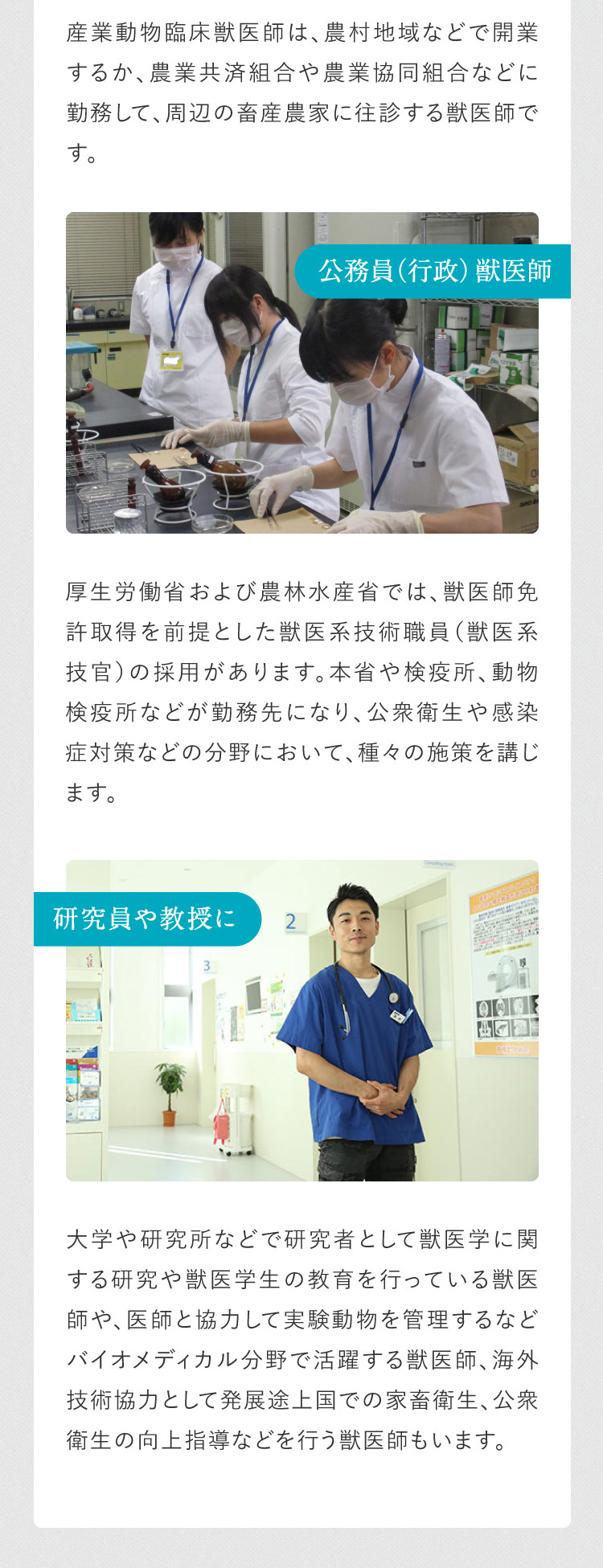 産業動物臨床獣医師は、農村地域などで開業するか、農業共済組合や農業協同組合などに勤務して、周辺の畜産農家に往診する獣医師です。